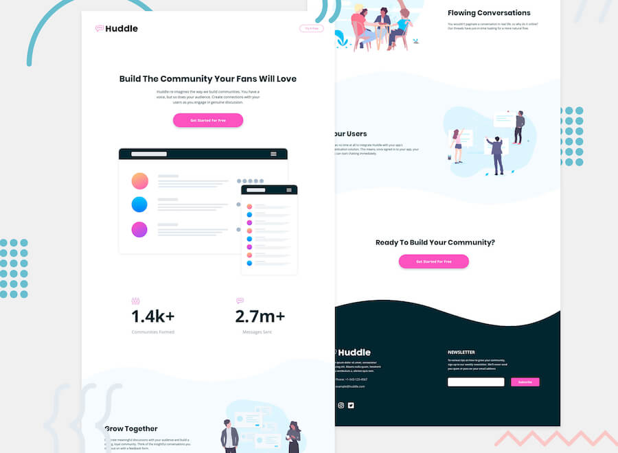 huddle landing page with curved sections preview