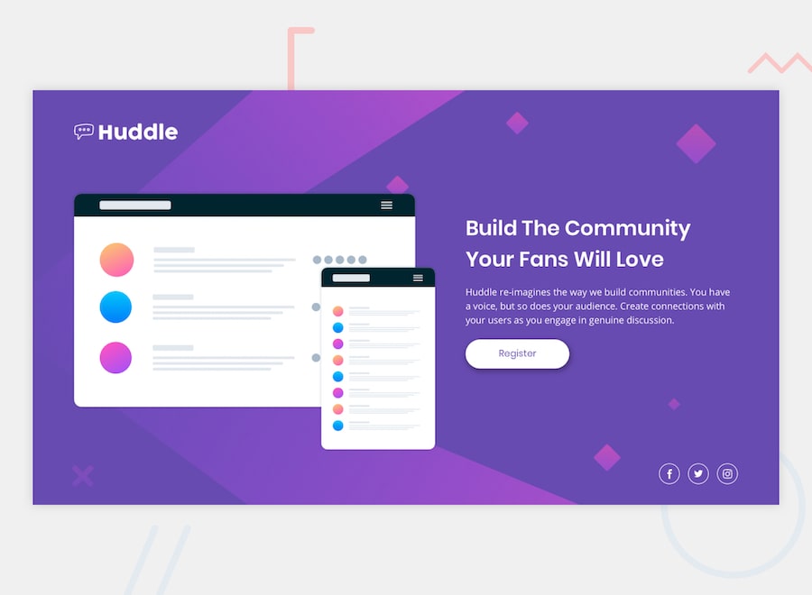 huddle landing page with single introductory section preview